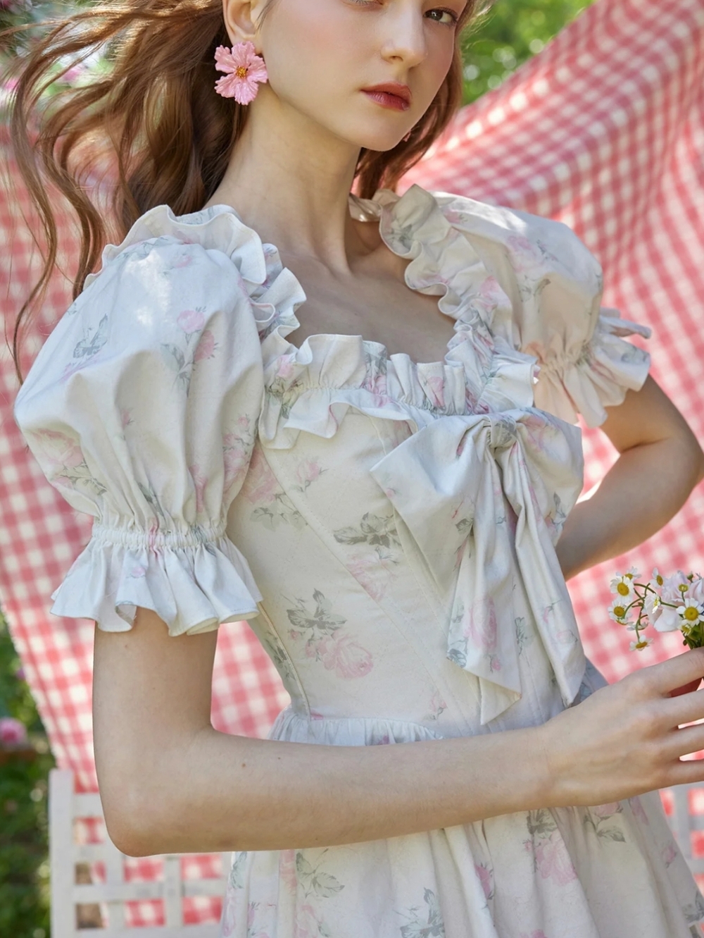 LaceMade Bloom In Coral Island Corset Cream Floral Tiered Puff-Sleeve Dress - Picture 10 of 13